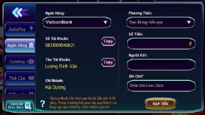 nap tien 789Club 3 Nạp tiền 789Club qua tài khoản ngân hàng